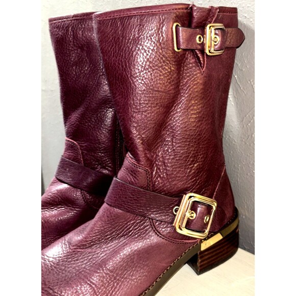 Vince Camuto Windy Women's Leather Moto Boot Harness Detail MidCalf 8M Burgundy - Picture 3 of 8